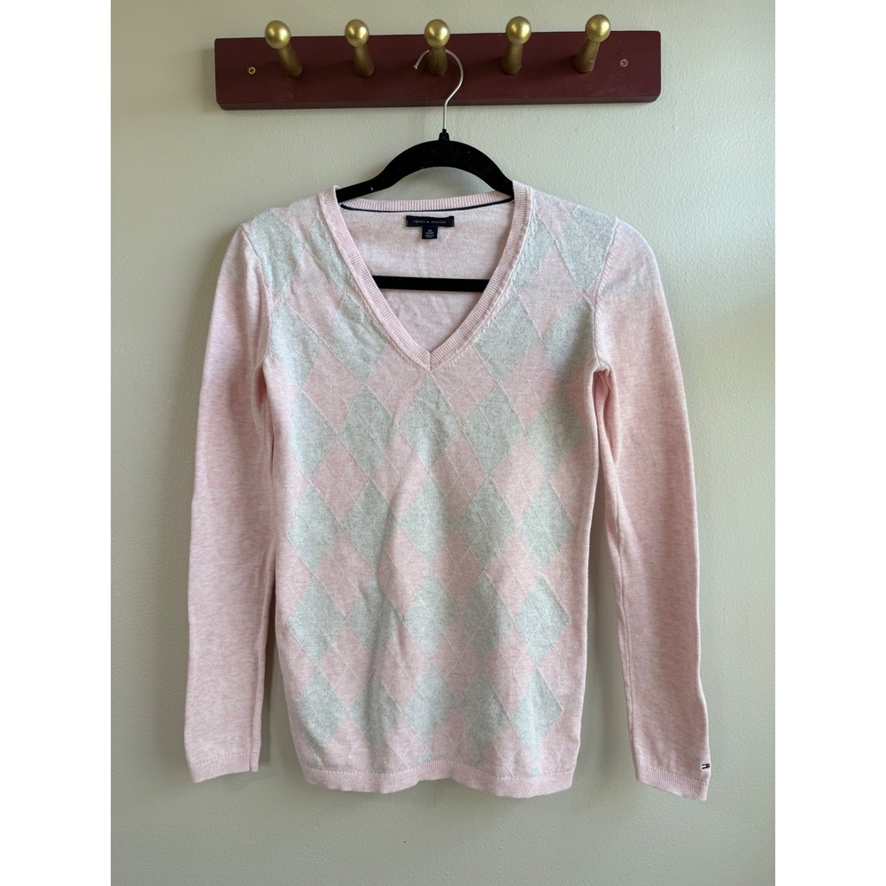 Tommy‎ Hilfiger Womens Pink Grey Argyle V-Neck 100% Cotton Sweater XS